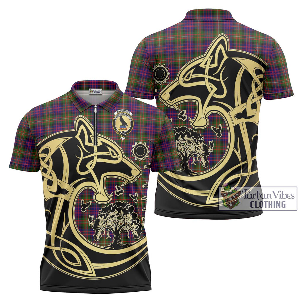 MacDonell of Glengarry Modern Tartan Zipper Polo Shirt with Family Crest Celtic Wolf Style Unisex - Tartanvibesclothing Shop