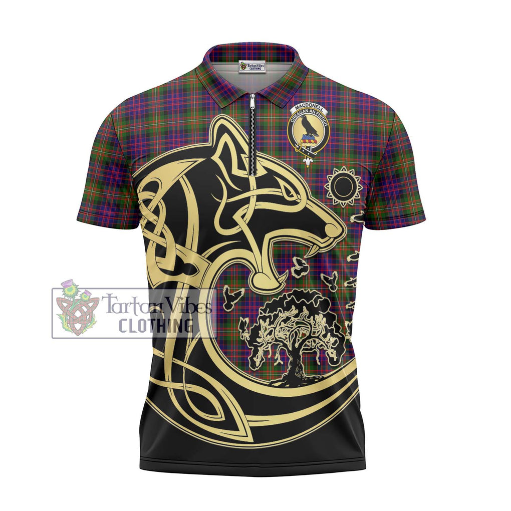 MacDonell of Glengarry Modern Tartan Zipper Polo Shirt with Family Crest Celtic Wolf Style - Tartanvibesclothing Shop