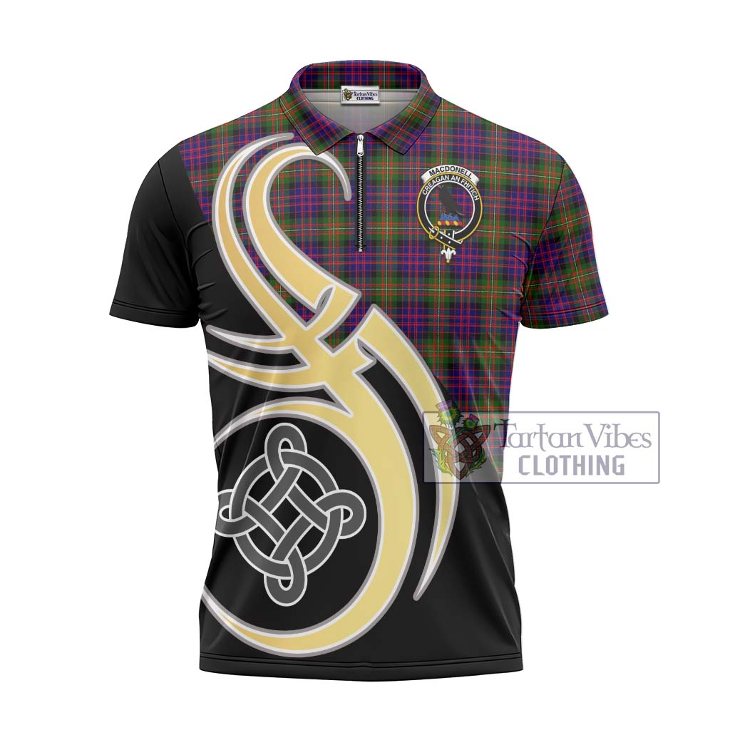 Tartan Vibes Clothing MacDonell of Glengarry Modern Tartan Zipper Polo Shirt with Family Crest and Celtic Symbol Style