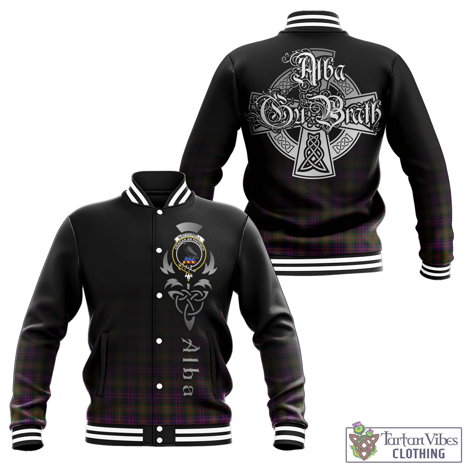 Tartan Vibes Clothing MacDonell of Glengarry Modern Tartan Baseball Jacket Featuring Alba Gu Brath Family Crest Celtic Inspired