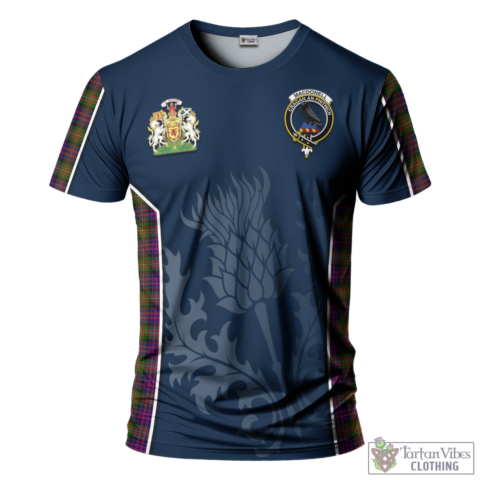 Tartan Vibes Clothing MacDonell of Glengarry Modern Tartan T-Shirt with Family Crest and Scottish Thistle Vibes Sport Style