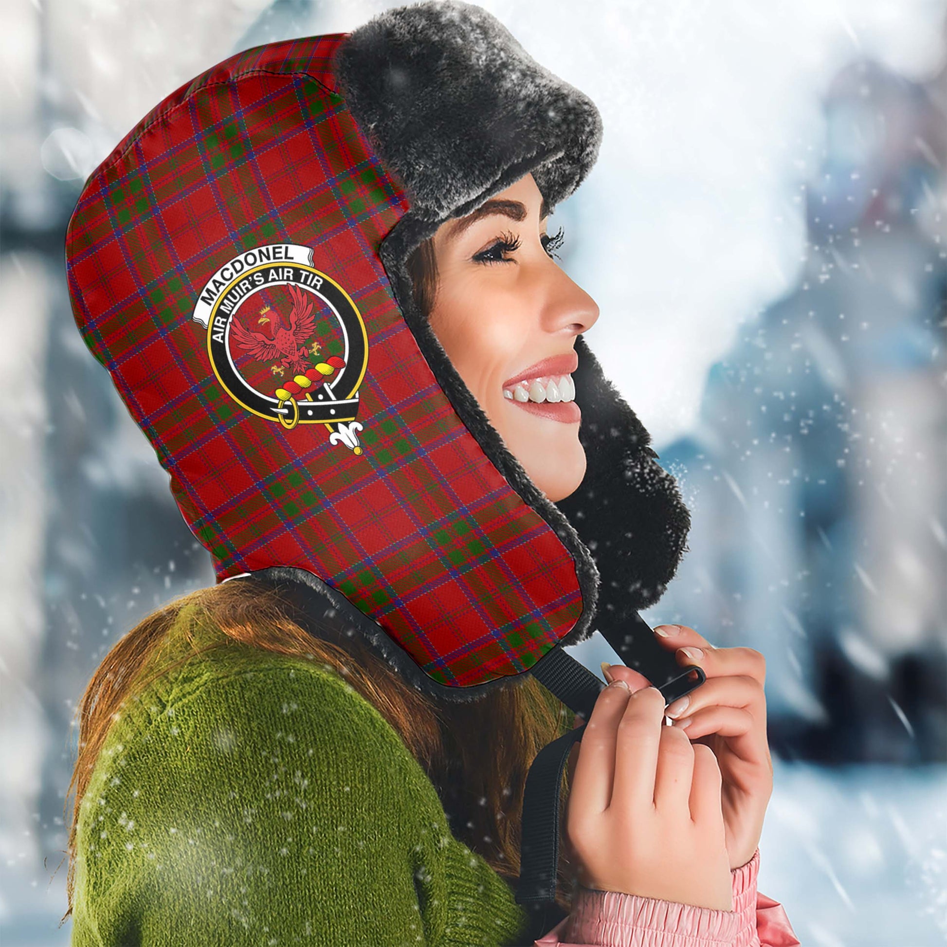 MacDonell of Keppoch Tartan Winter Trapper Hat with Family Crest Winter Trapper Hat Universal Fit Circumference 22.8in (58cm) - Tartanvibesclothing