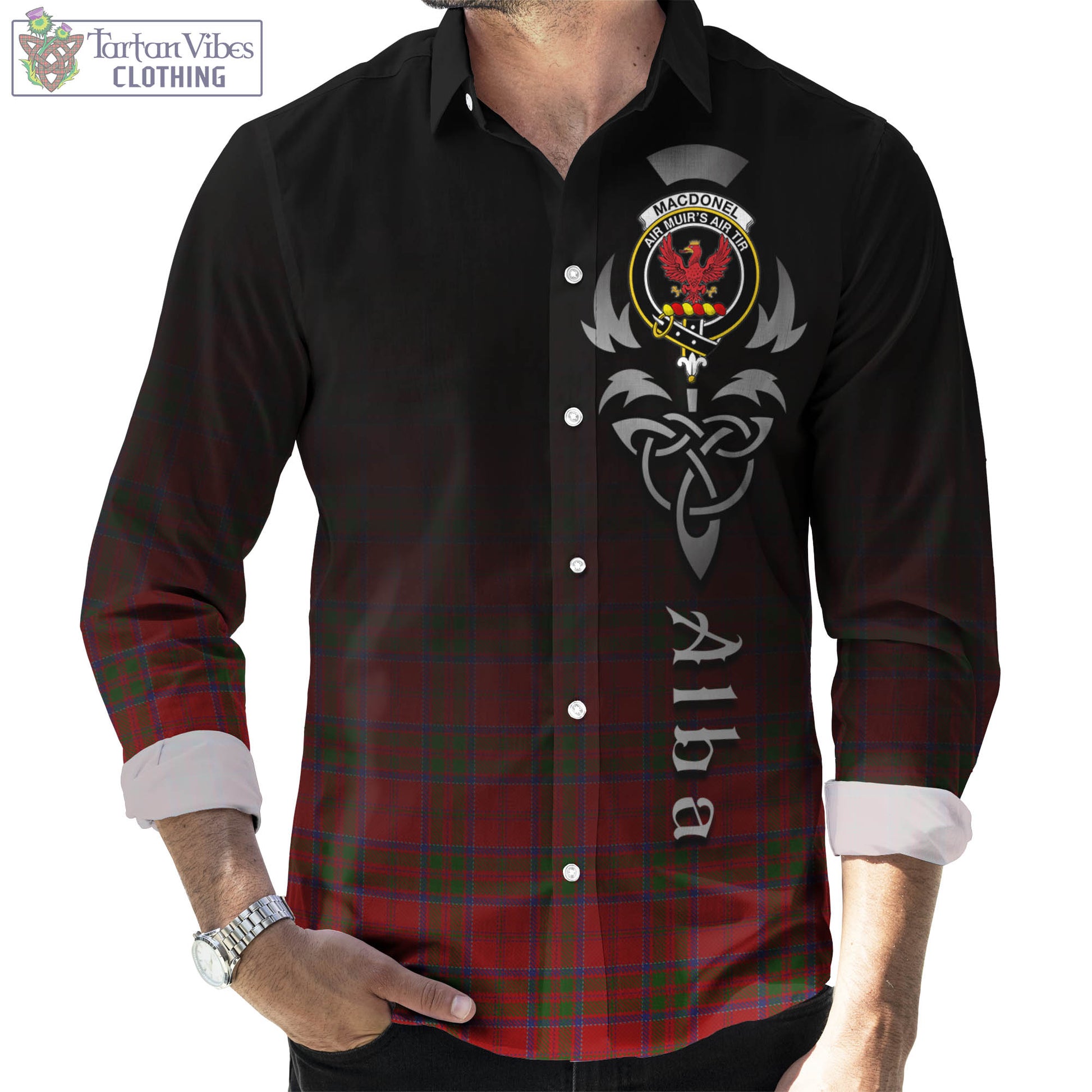 Tartan Vibes Clothing MacDonell of Keppoch Tartan Long Sleeve Button Up Featuring Alba Gu Brath Family Crest Celtic Inspired