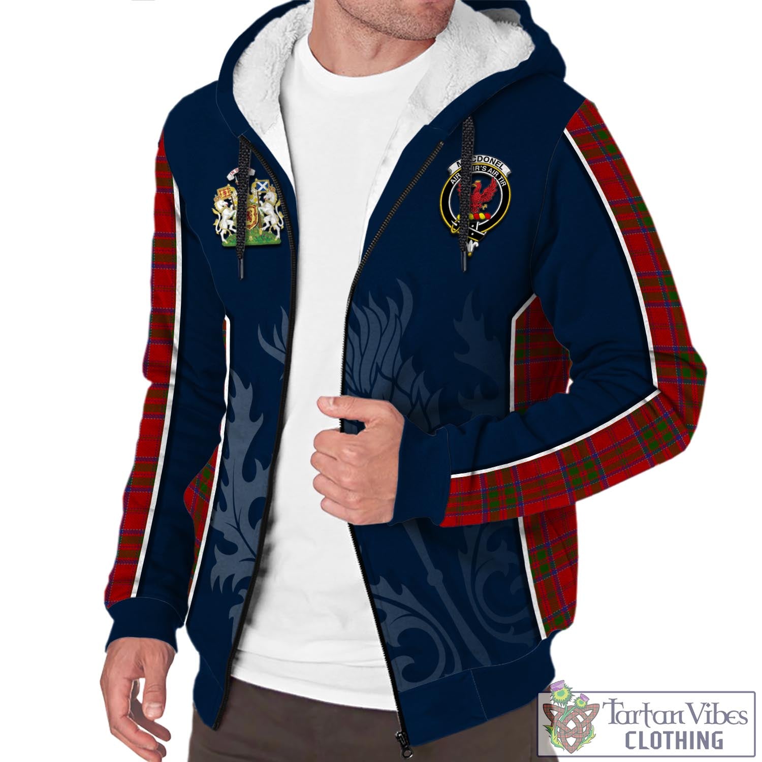 Tartan Vibes Clothing MacDonell of Keppoch Tartan Sherpa Hoodie with Family Crest and Scottish Thistle Vibes Sport Style