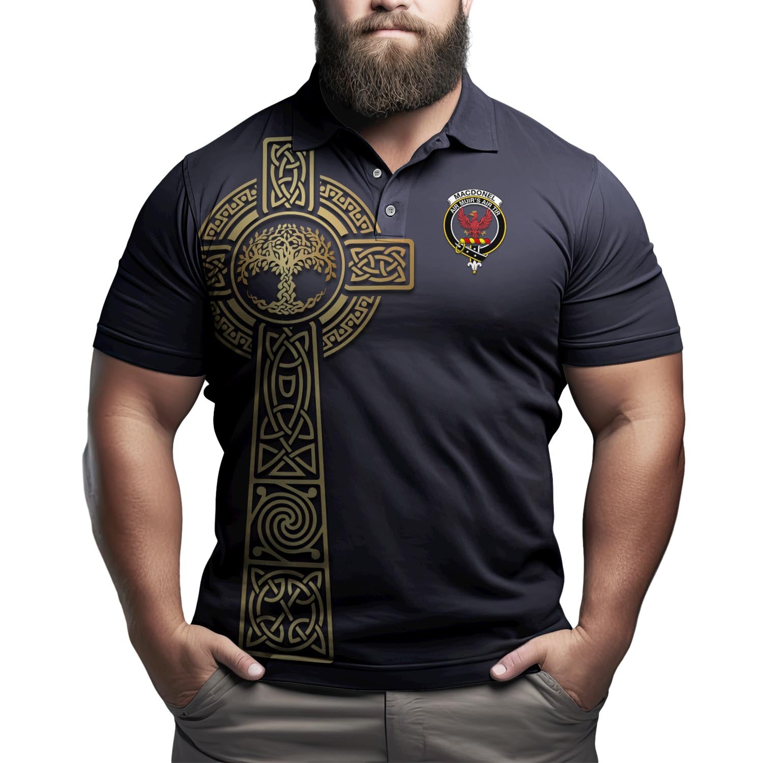 MacDonell of Keppoch Clan Polo Shirt with Golden Celtic Tree Of Life - Tartanvibesclothing