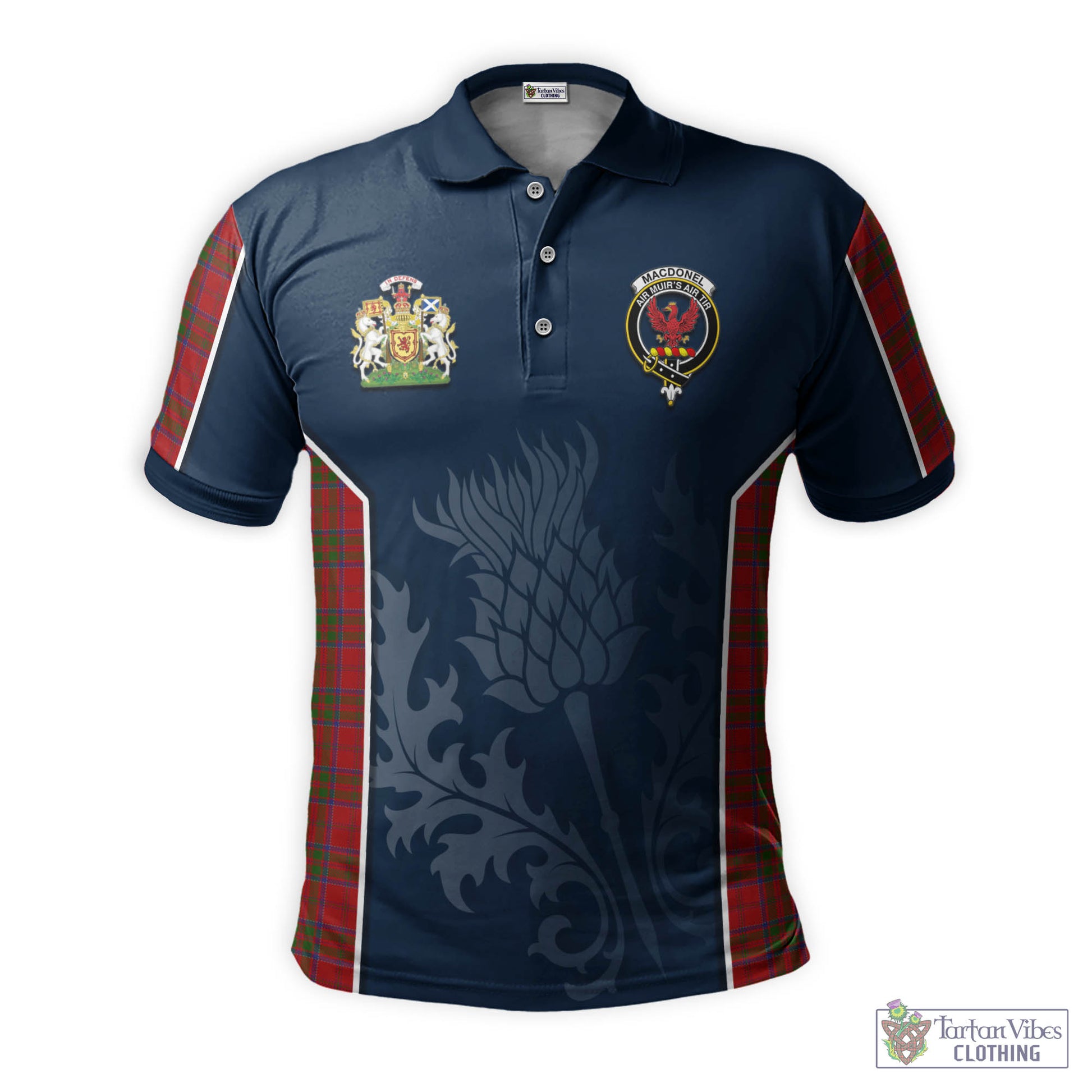 Tartan Vibes Clothing MacDonell of Keppoch Tartan Men's Polo Shirt with Family Crest and Scottish Thistle Vibes Sport Style