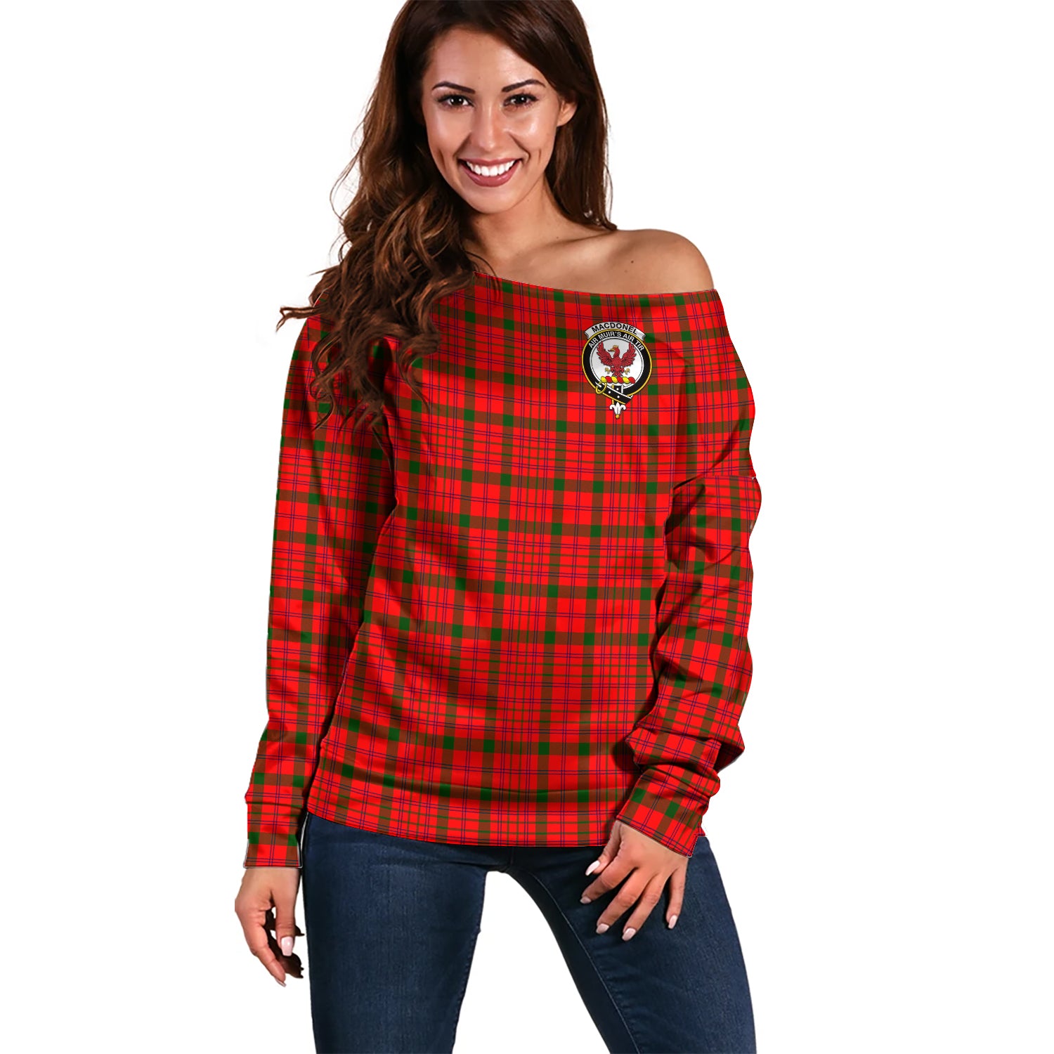 MacDonell of Keppoch Modern Tartan Off Shoulder Women Sweater with Family Crest Women - Tartanvibesclothing