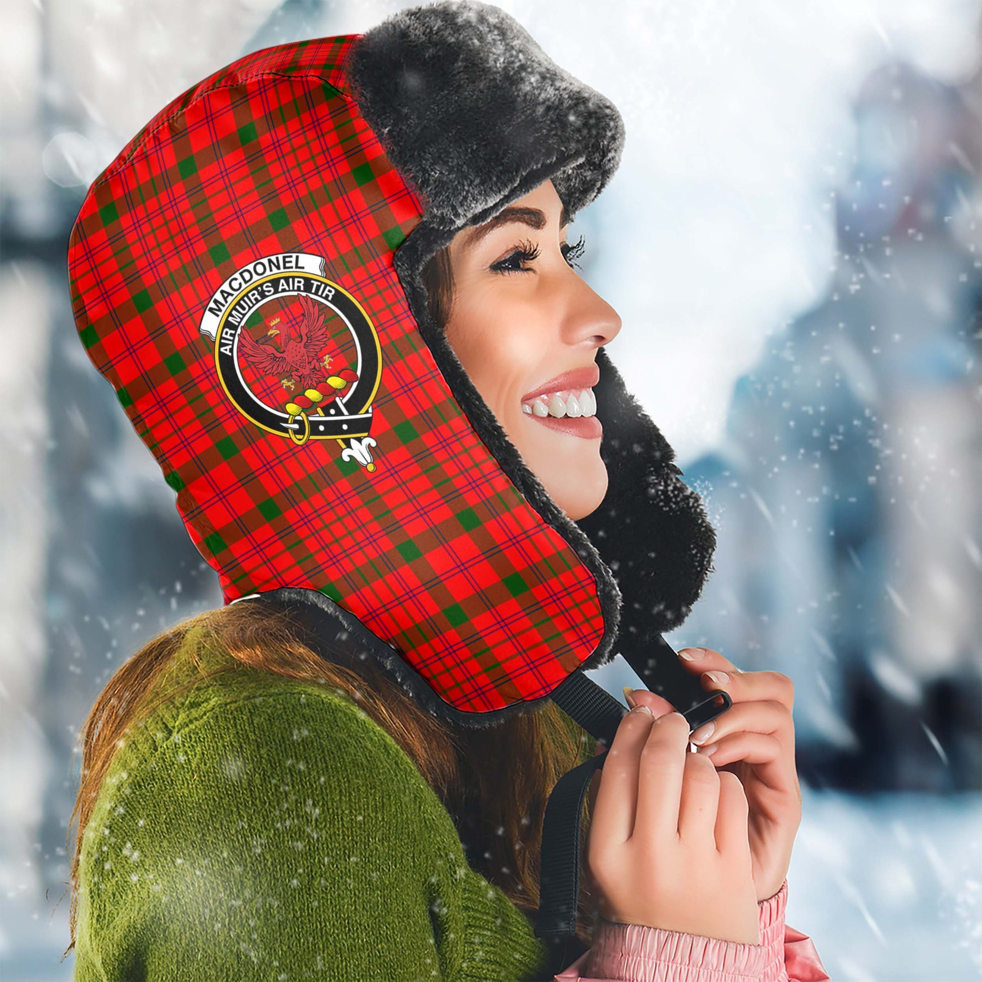 MacDonell of Keppoch Modern Tartan Winter Trapper Hat with Family Crest Winter Trapper Hat Universal Fit Circumference 22.8in (58cm) - Tartanvibesclothing