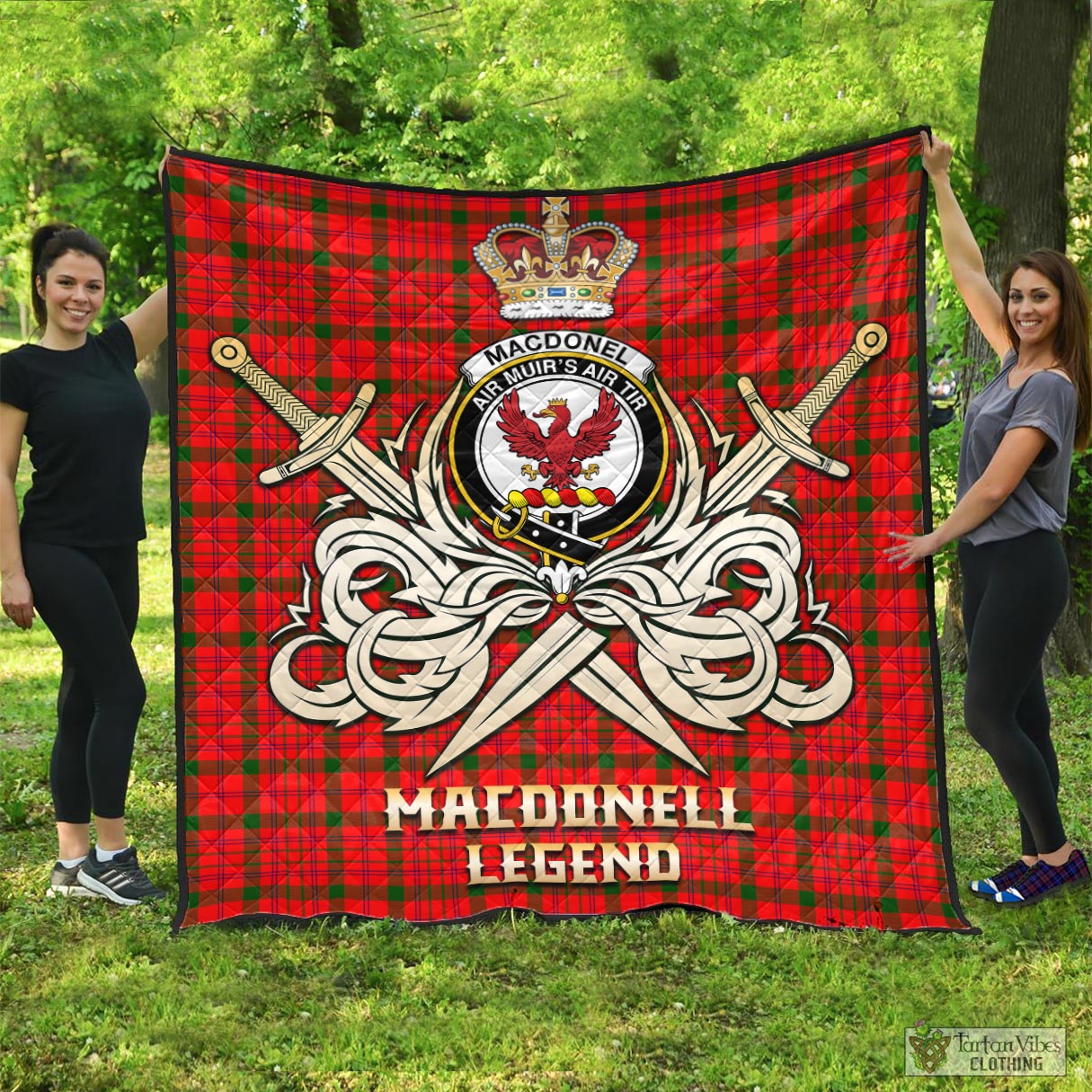 Tartan Vibes Clothing MacDonell of Keppoch Modern Tartan Quilt with Clan Crest and the Golden Sword of Courageous Legacy