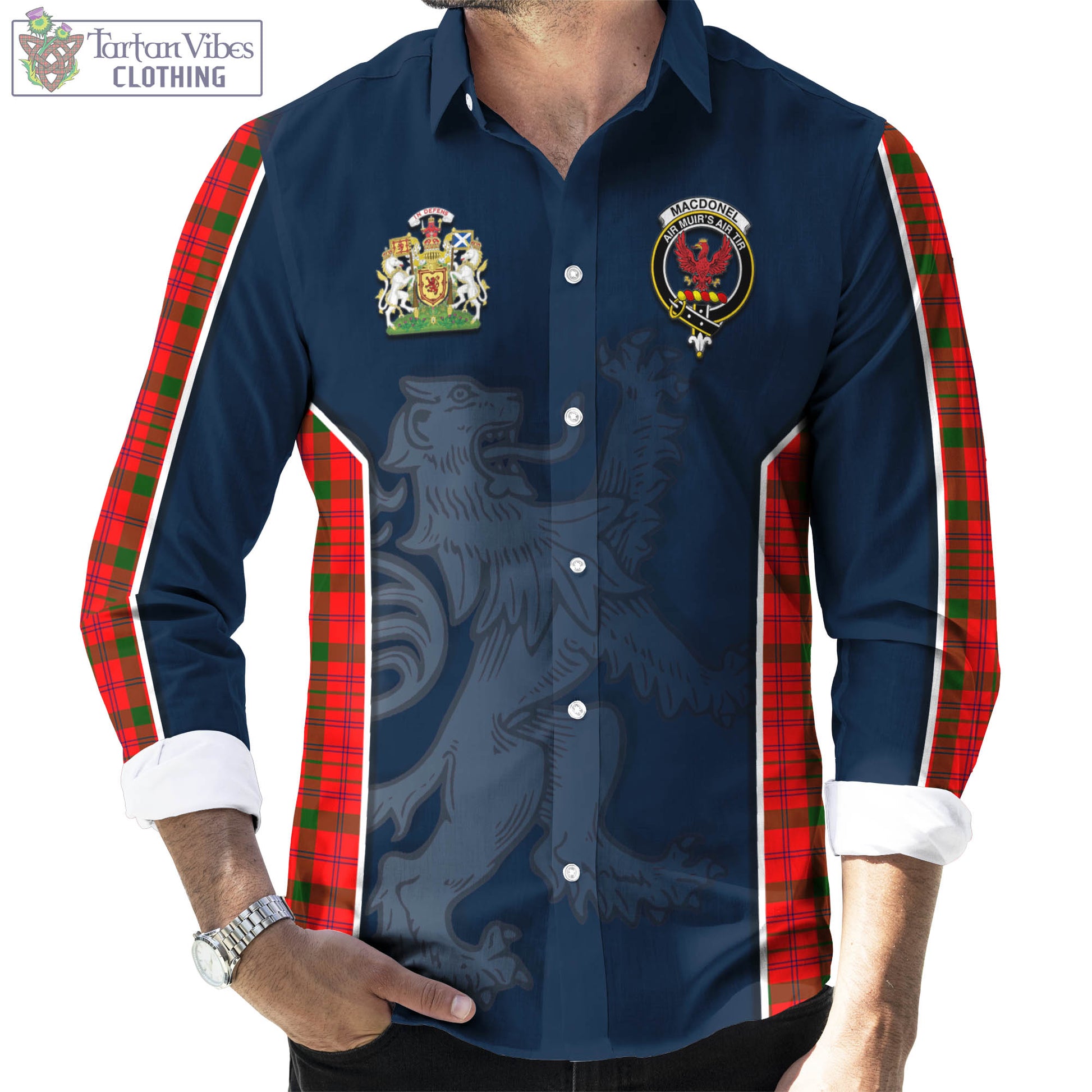 Tartan Vibes Clothing MacDonell of Keppoch Modern Tartan Long Sleeve Button Up Shirt with Family Crest and Lion Rampant Vibes Sport Style