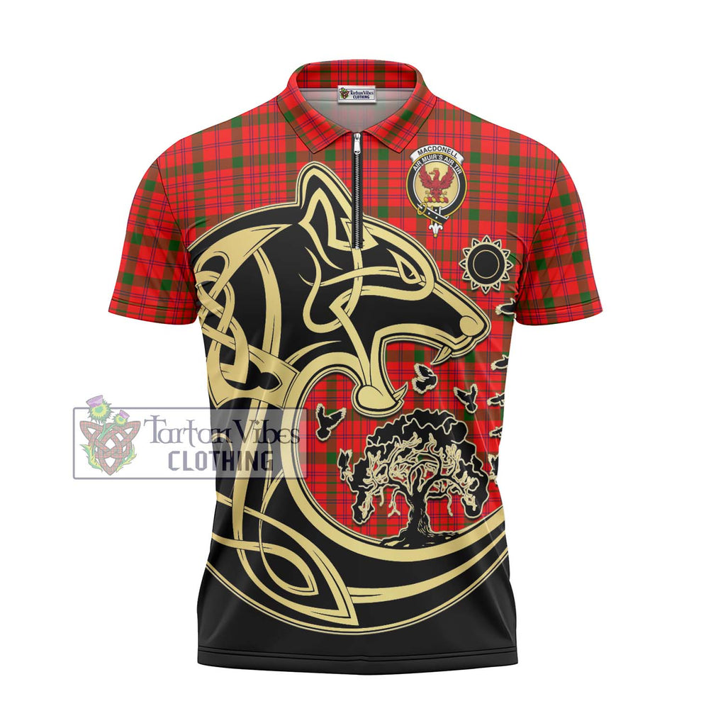 MacDonell of Keppoch Modern Tartan Zipper Polo Shirt with Family Crest Celtic Wolf Style - Tartanvibesclothing Shop