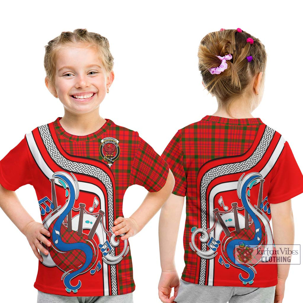 Tartan Vibes Clothing MacDonell of Keppoch Modern Tartan Kid T-Shirt with Epic Bagpipe Style