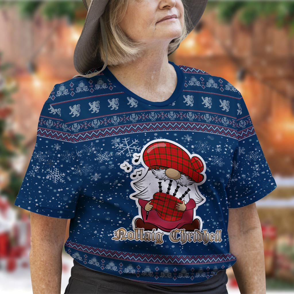 MacDonell of Keppoch Modern Clan Christmas Family T-Shirt with Funny Gnome Playing Bagpipes Women's Shirt Blue - Tartanvibesclothing