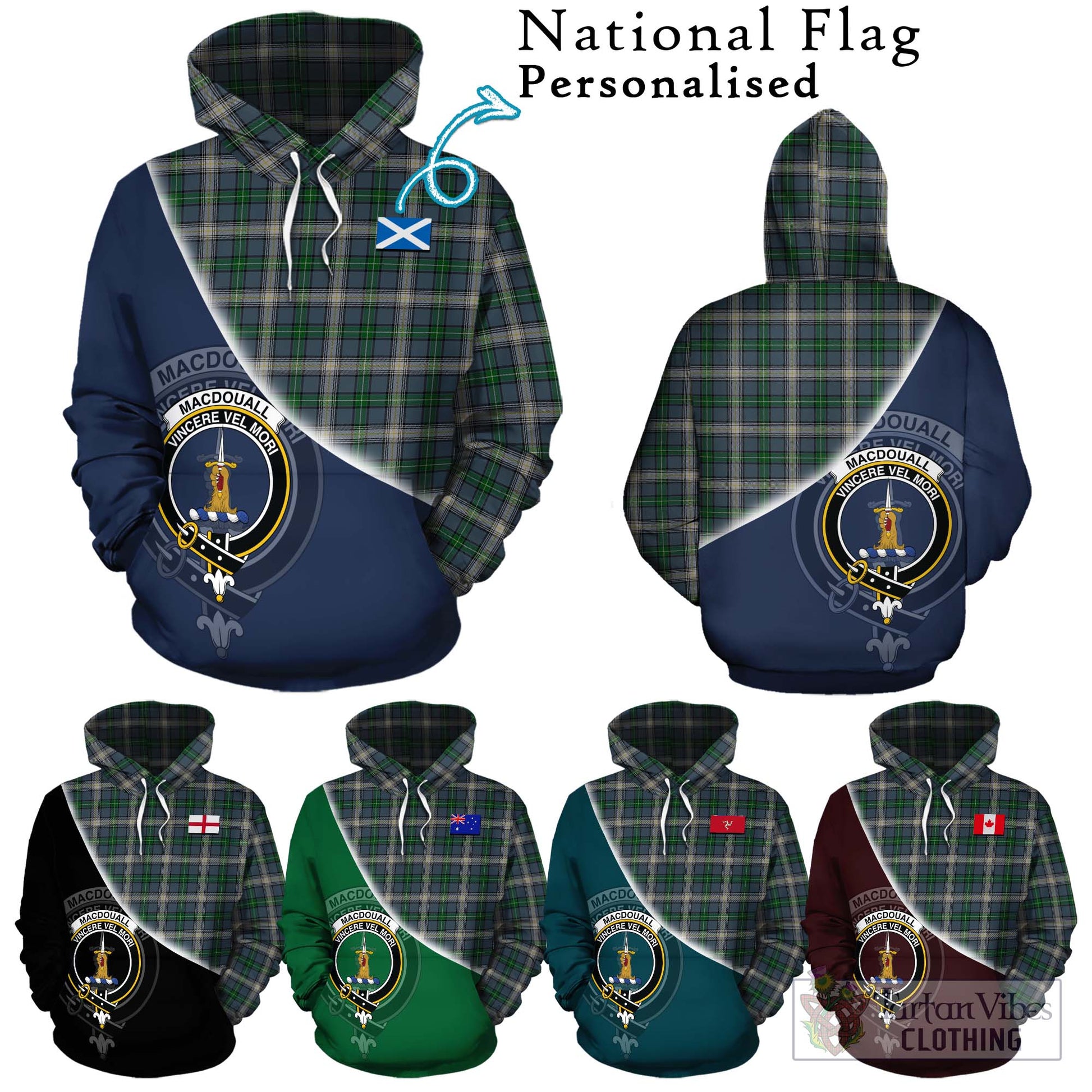 Tartan Vibes Clothing MacDouall Tartan Hoodie with Personalised National Flag and Family Crest Half Style