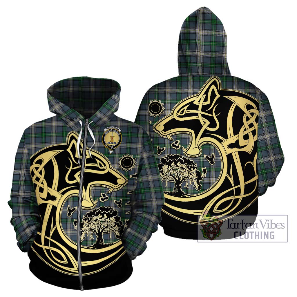 Tartan Vibes Clothing MacDouall Tartan Hoodie with Family Crest Celtic Wolf Style