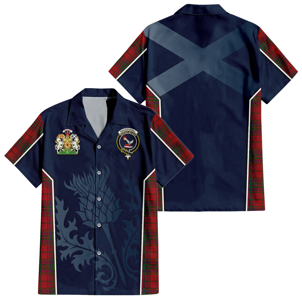 Tartan Vibes Clothing MacDougall Tartan Short Sleeve Button Up Shirt with Family Crest and Scottish Thistle Vibes Sport Style