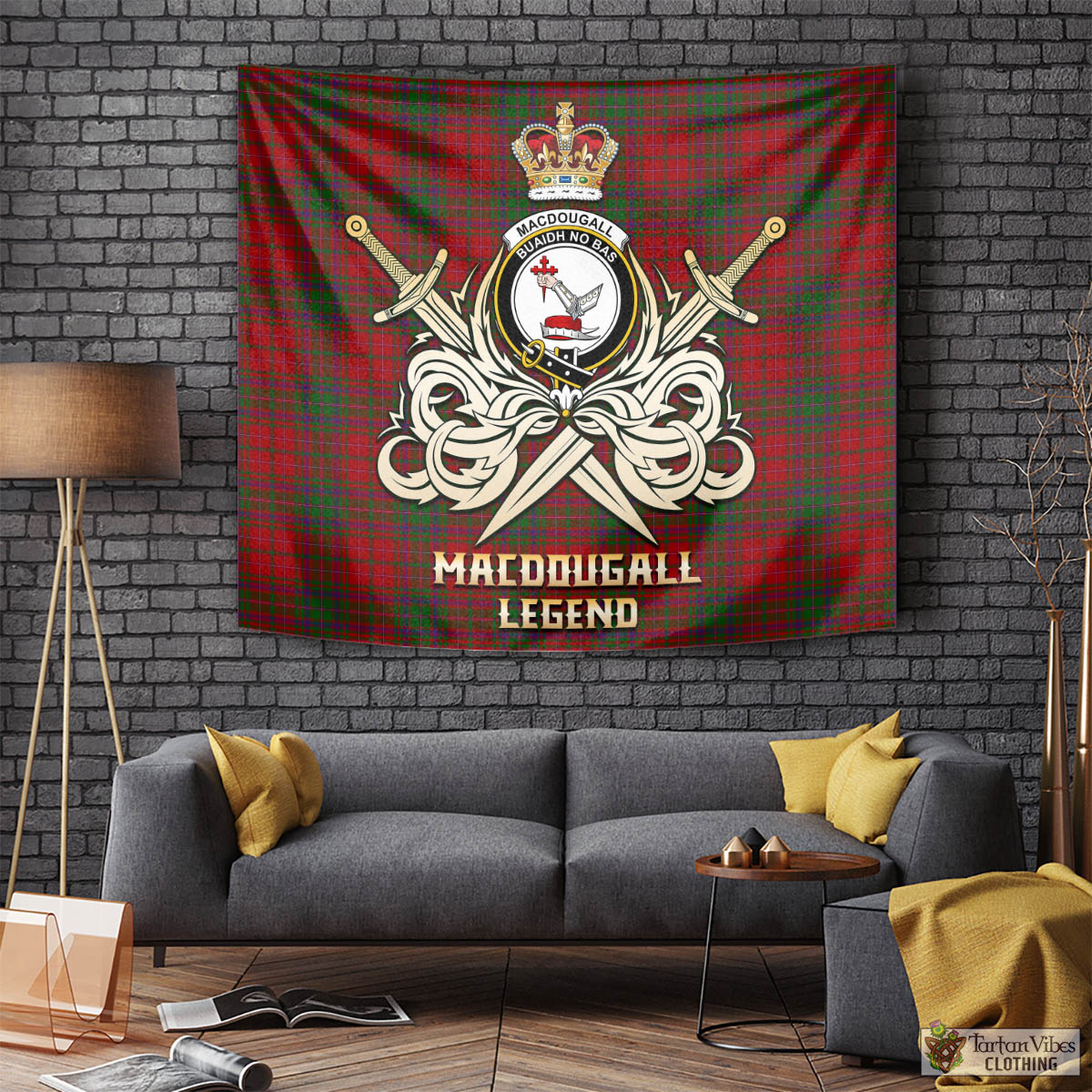 Tartan Vibes Clothing MacDougall Tartan Tapestry with Clan Crest and the Golden Sword of Courageous Legacy