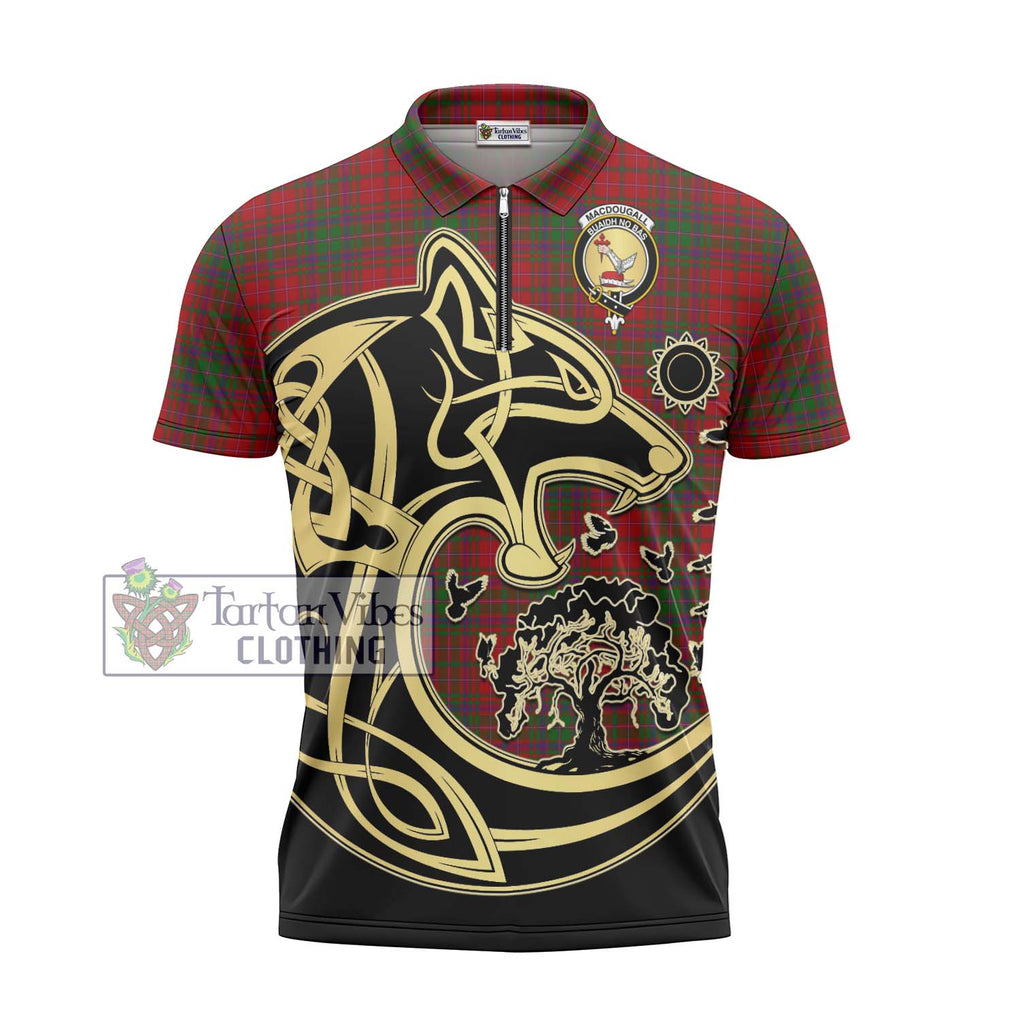 MacDougall (McDougall) Tartan Zipper Polo Shirt with Family Crest Celtic Wolf Style - Tartanvibesclothing Shop