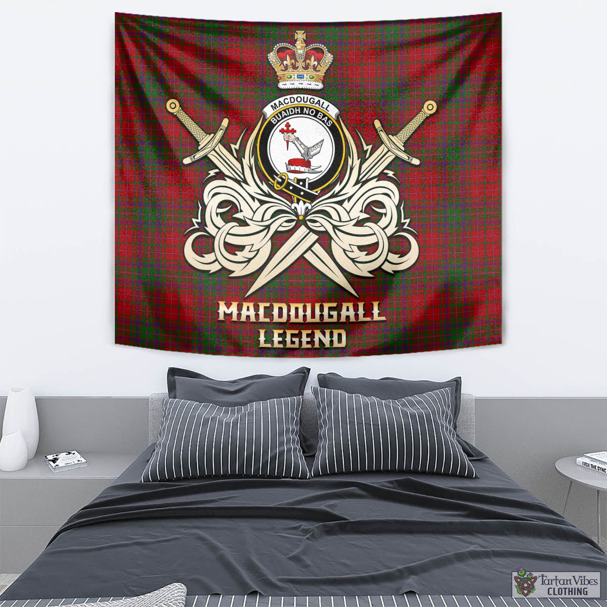 Tartan Vibes Clothing MacDougall Tartan Tapestry with Clan Crest and the Golden Sword of Courageous Legacy