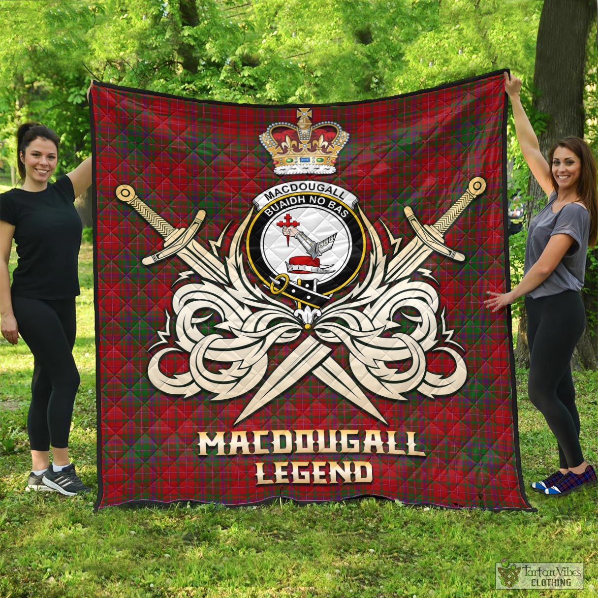 Tartan Vibes Clothing MacDougall Tartan Quilt with Clan Crest and the Golden Sword of Courageous Legacy