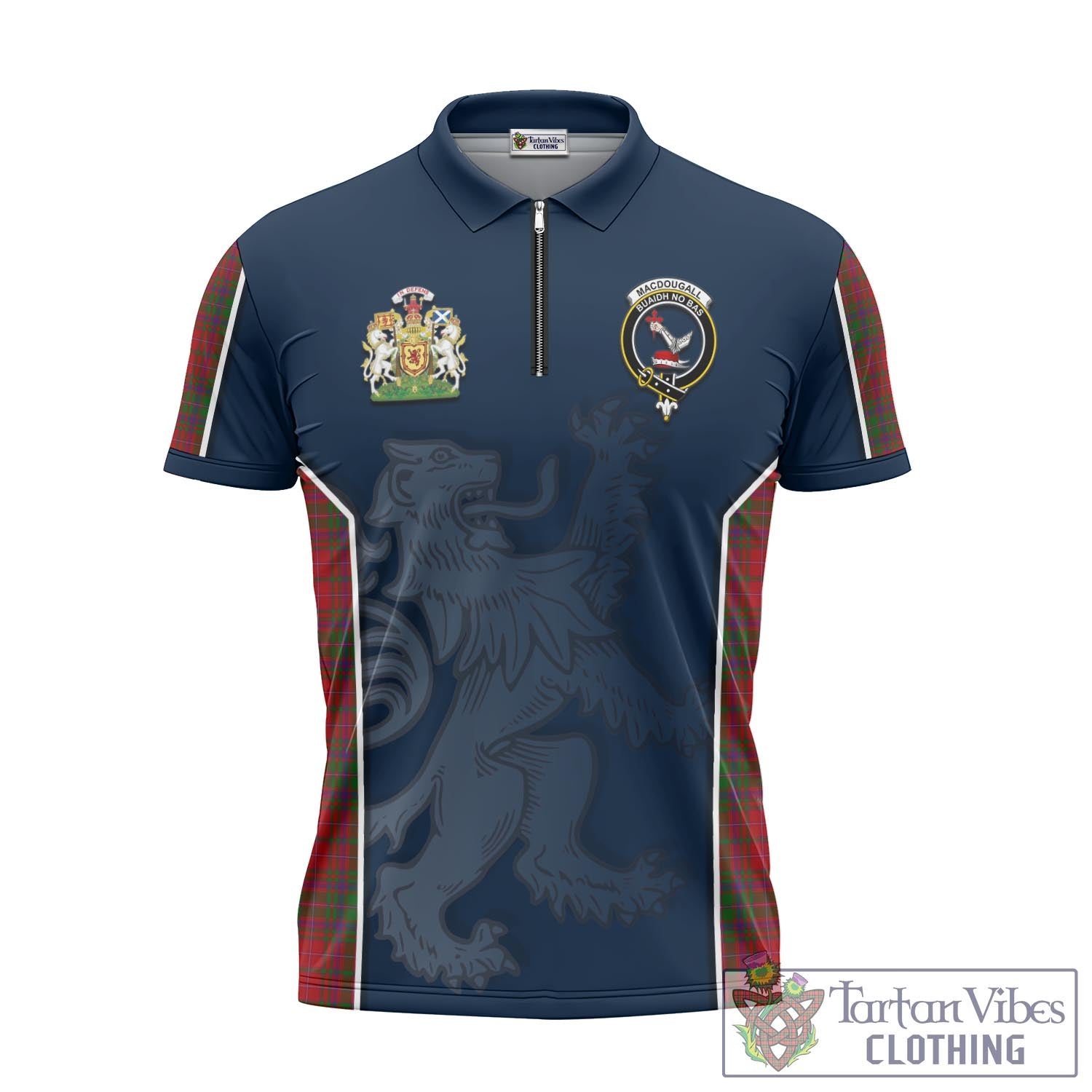 Tartan Vibes Clothing MacDougall Tartan Zipper Polo Shirt with Family Crest and Lion Rampant Vibes Sport Style