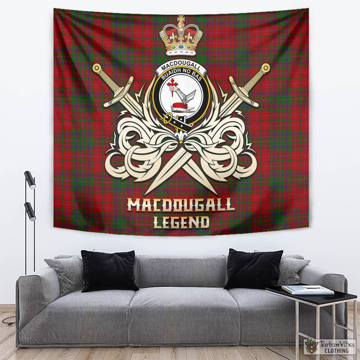 Tartan Vibes Clothing MacDougall Tartan Tapestry with Clan Crest and the Golden Sword of Courageous Legacy