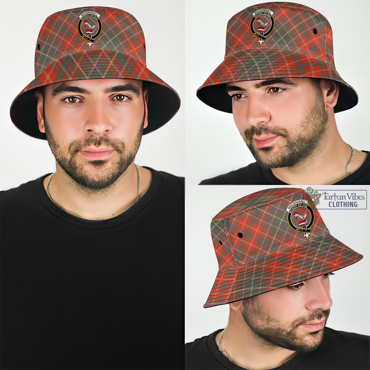 Tartan Vibes Clothing MacDougall Ancient Tartan Bucket Hat with Family Crest