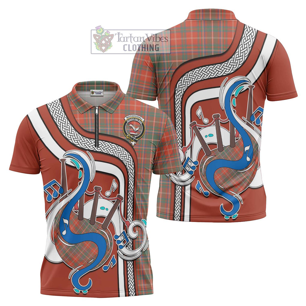 MacDougall Ancient Tartan Zipper Polo Shirt with Epic Bagpipe Style Unisex - Tartanvibesclothing Shop