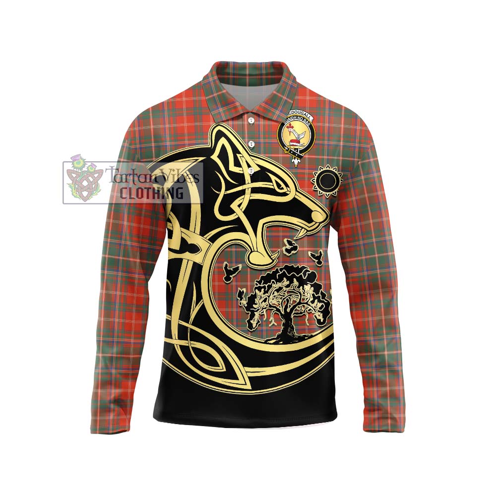 MacDougall Ancient Tartan Long Sleeve Polo Shirt with Family Crest Celtic Wolf Style Unisex - Tartanvibesclothing Shop