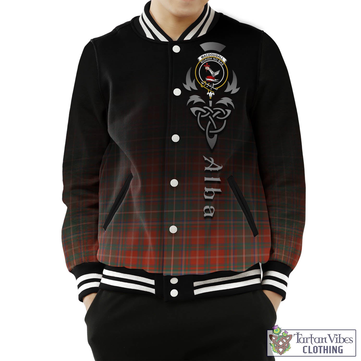 Tartan Vibes Clothing MacDougall Ancient Tartan Baseball Jacket Featuring Alba Gu Brath Family Crest Celtic Inspired