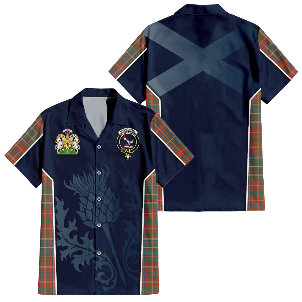 Tartan Vibes Clothing MacDougall Ancient Tartan Short Sleeve Button Up Shirt with Family Crest and Scottish Thistle Vibes Sport Style