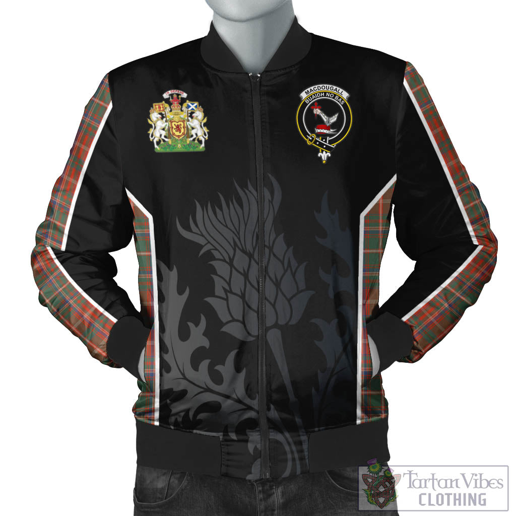 Tartan Vibes Clothing MacDougall Ancient Tartan Bomber Jacket with Family Crest and Scottish Thistle Vibes Sport Style