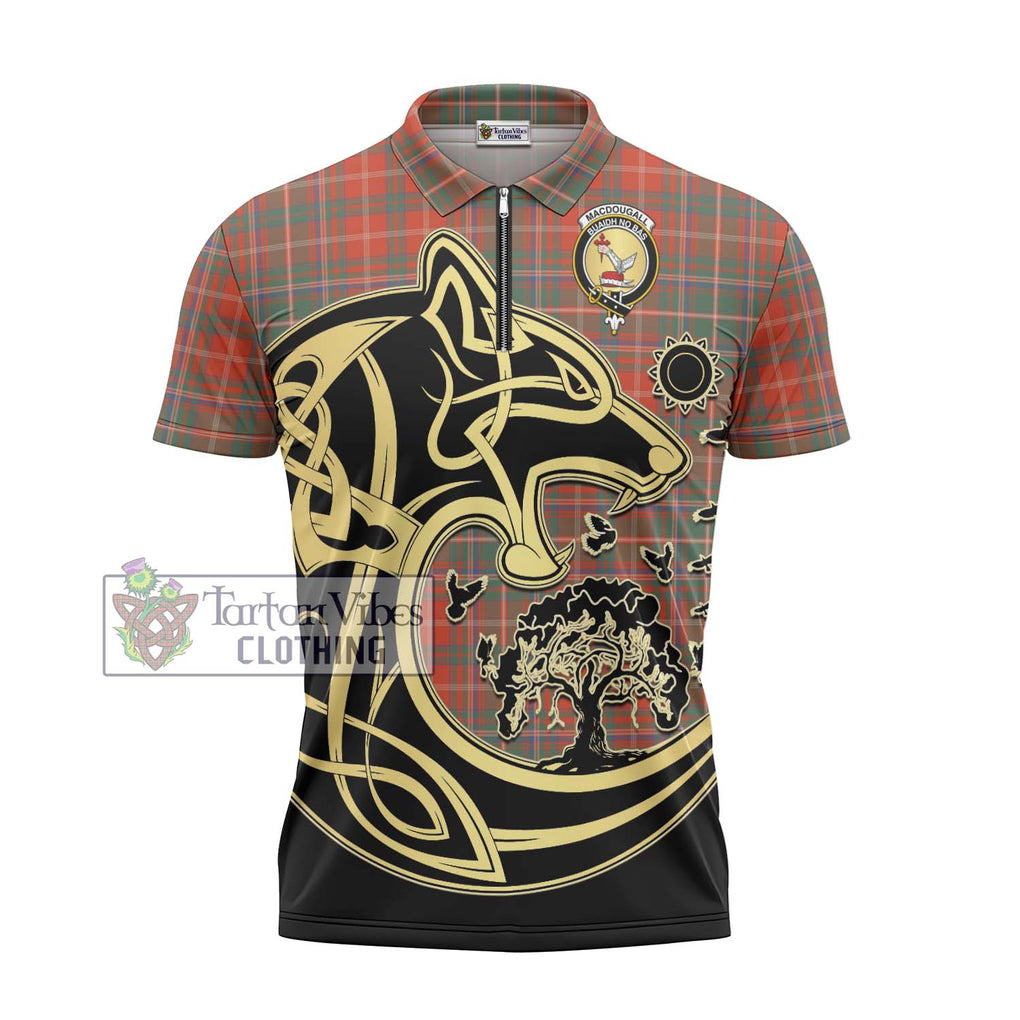 MacDougall Ancient Tartan Zipper Polo Shirt with Family Crest Celtic Wolf Style - Tartanvibesclothing Shop