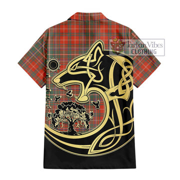 MacDougall Ancient Tartan Short Sleeve Button Shirt with Family Crest Celtic Wolf Style