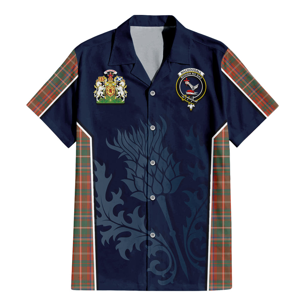 Tartan Vibes Clothing MacDougall Ancient Tartan Short Sleeve Button Up Shirt with Family Crest and Scottish Thistle Vibes Sport Style