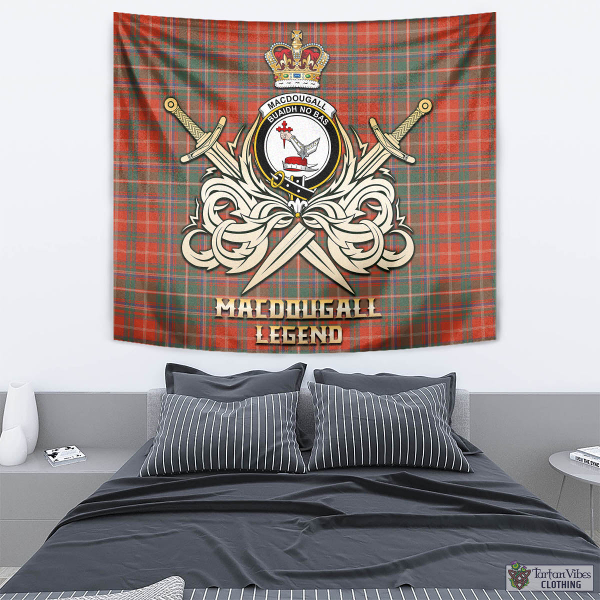 Tartan Vibes Clothing MacDougall Ancient Tartan Tapestry with Clan Crest and the Golden Sword of Courageous Legacy