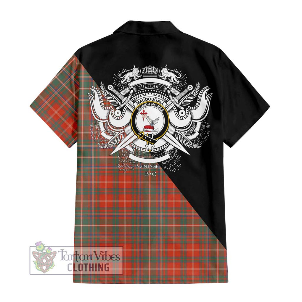 MacDougall Ancient Tartan Short Sleeve Button Shirt with Family Crest and Military Logo Style - Tartanvibesclothing Shop