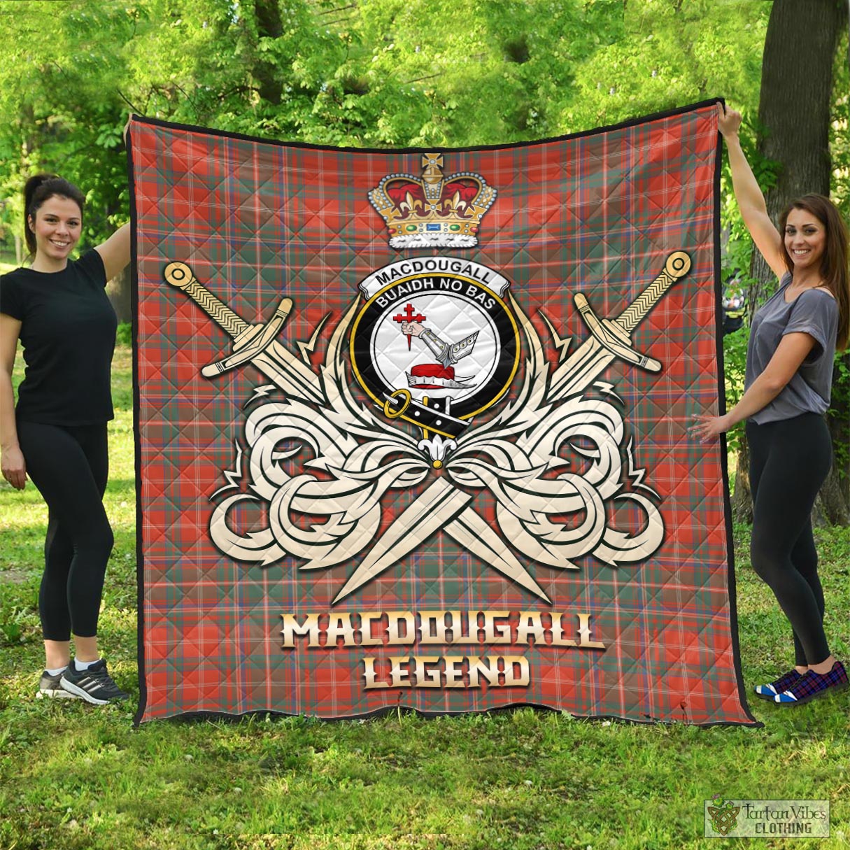 Tartan Vibes Clothing MacDougall Ancient Tartan Quilt with Clan Crest and the Golden Sword of Courageous Legacy