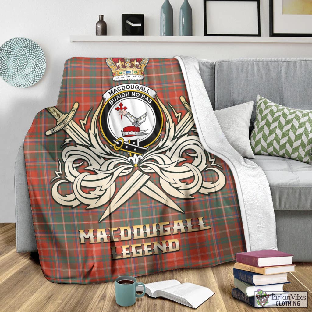 Tartan Vibes Clothing MacDougall Ancient Tartan Blanket with Clan Crest and the Golden Sword of Courageous Legacy