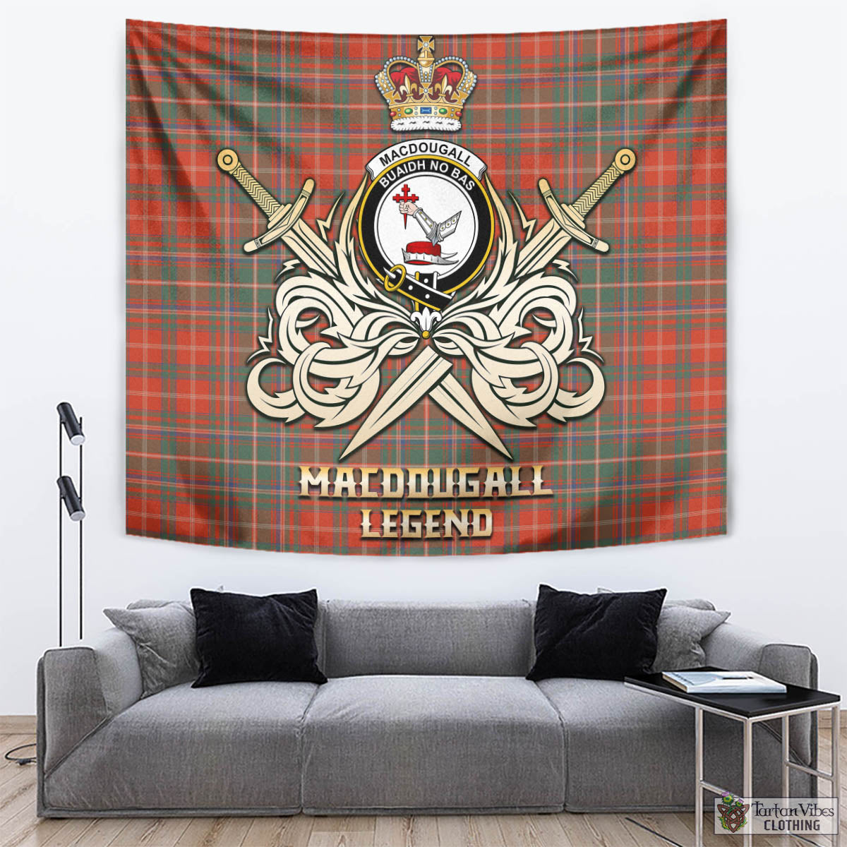 Tartan Vibes Clothing MacDougall Ancient Tartan Tapestry with Clan Crest and the Golden Sword of Courageous Legacy