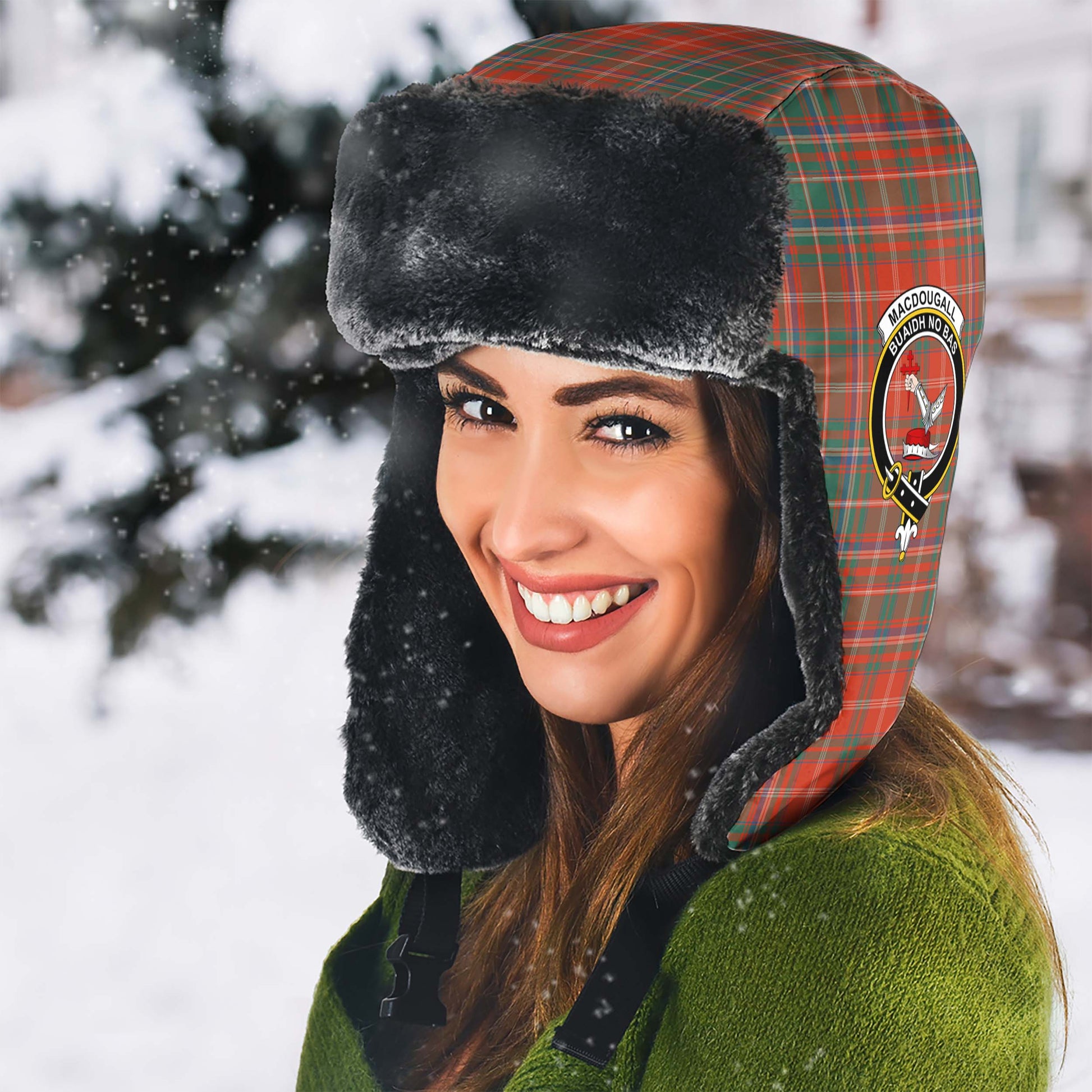 MacDougall Ancient Tartan Winter Trapper Hat with Family Crest - Tartanvibesclothing