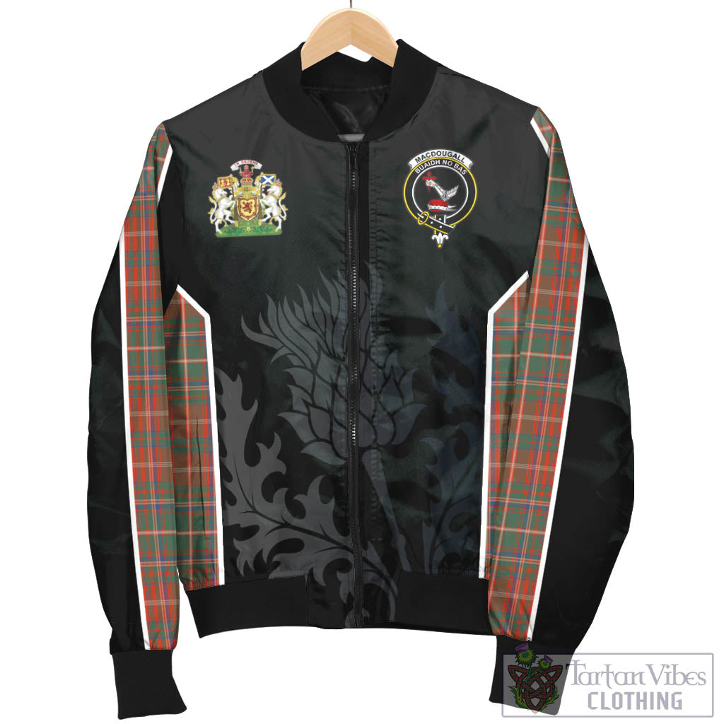 Tartan Vibes Clothing MacDougall Ancient Tartan Bomber Jacket with Family Crest and Scottish Thistle Vibes Sport Style