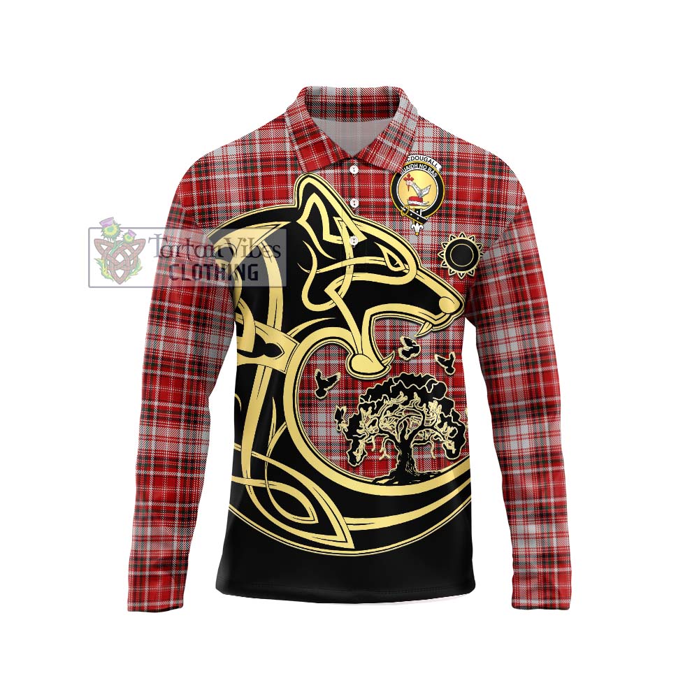 Tartan Vibes Clothing MacDougall Dress Tartan Long Sleeve Polo Shirt with Family Crest Celtic Wolf Style