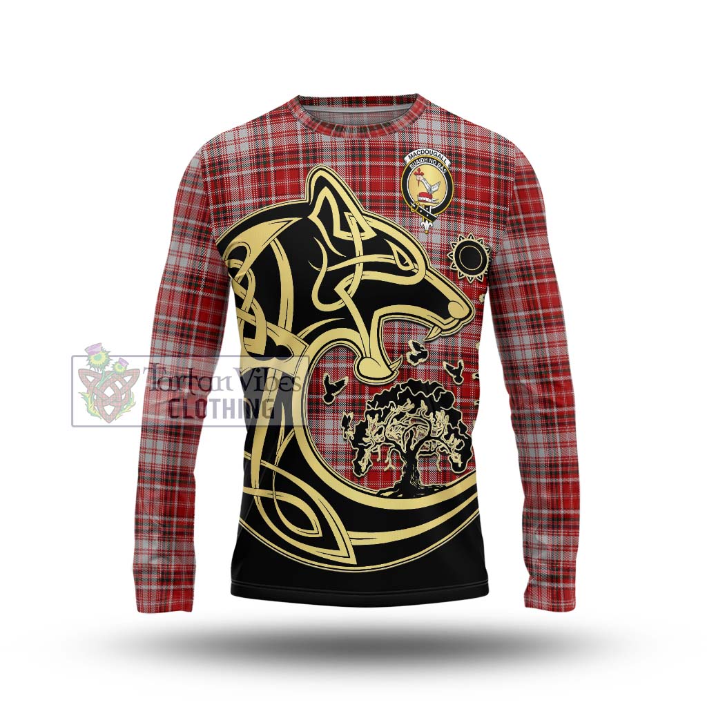 Tartan Vibes Clothing MacDougall Dress Tartan Long Sleeve T-Shirt with Family Crest Celtic Wolf Style