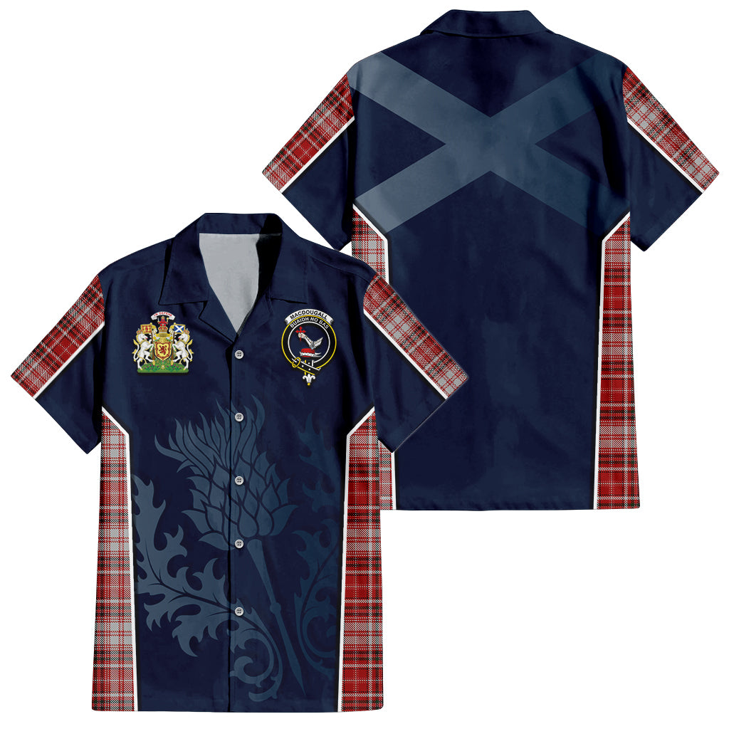 Tartan Vibes Clothing MacDougall Dress Tartan Short Sleeve Button Up Shirt with Family Crest and Scottish Thistle Vibes Sport Style