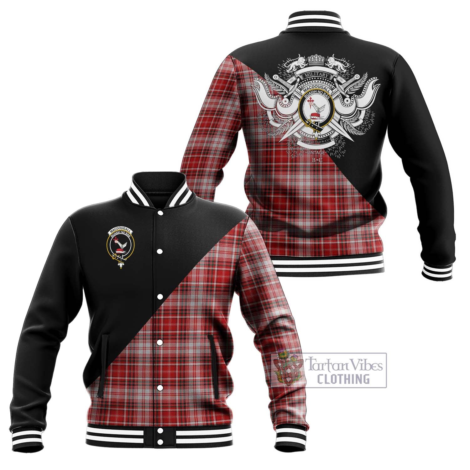 Tartan Vibes Clothing MacDougall Dress Tartan Baseball Jacket with Family Crest and Military Logo Style