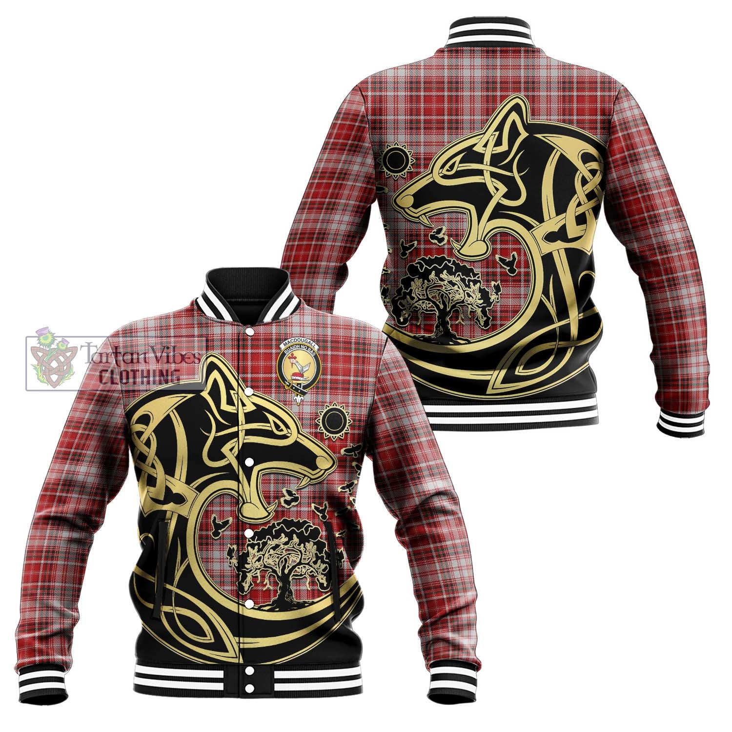 Tartan Vibes Clothing MacDougall Dress Tartan Baseball Jacket with Family Crest Celtic Wolf Style