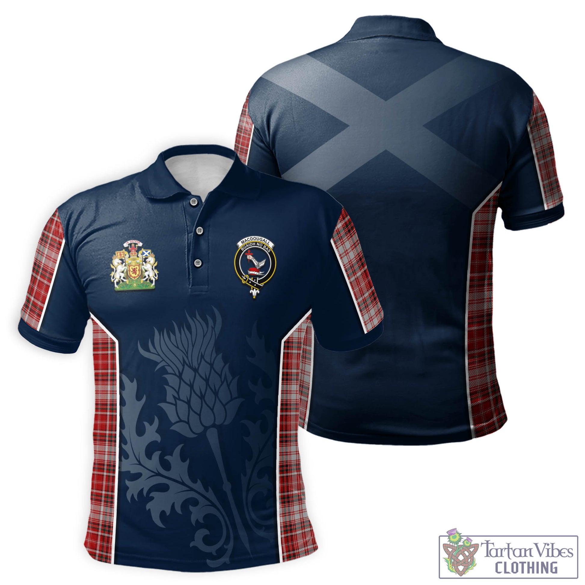 Tartan Vibes Clothing MacDougall Dress Tartan Men's Polo Shirt with Family Crest and Scottish Thistle Vibes Sport Style