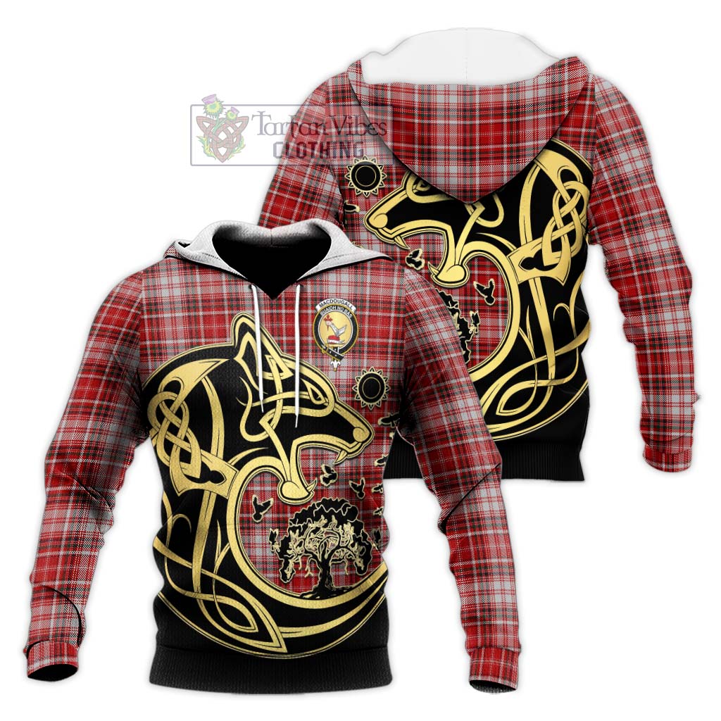 Tartan Vibes Clothing MacDougall Dress Tartan Knitted Hoodie with Family Crest Celtic Wolf Style