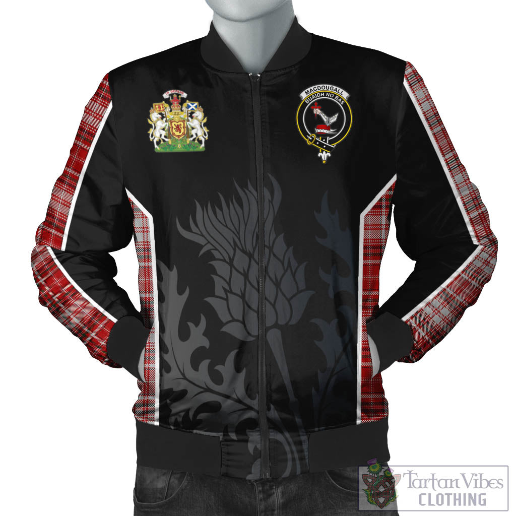 Tartan Vibes Clothing MacDougall Dress Tartan Bomber Jacket with Family Crest and Scottish Thistle Vibes Sport Style